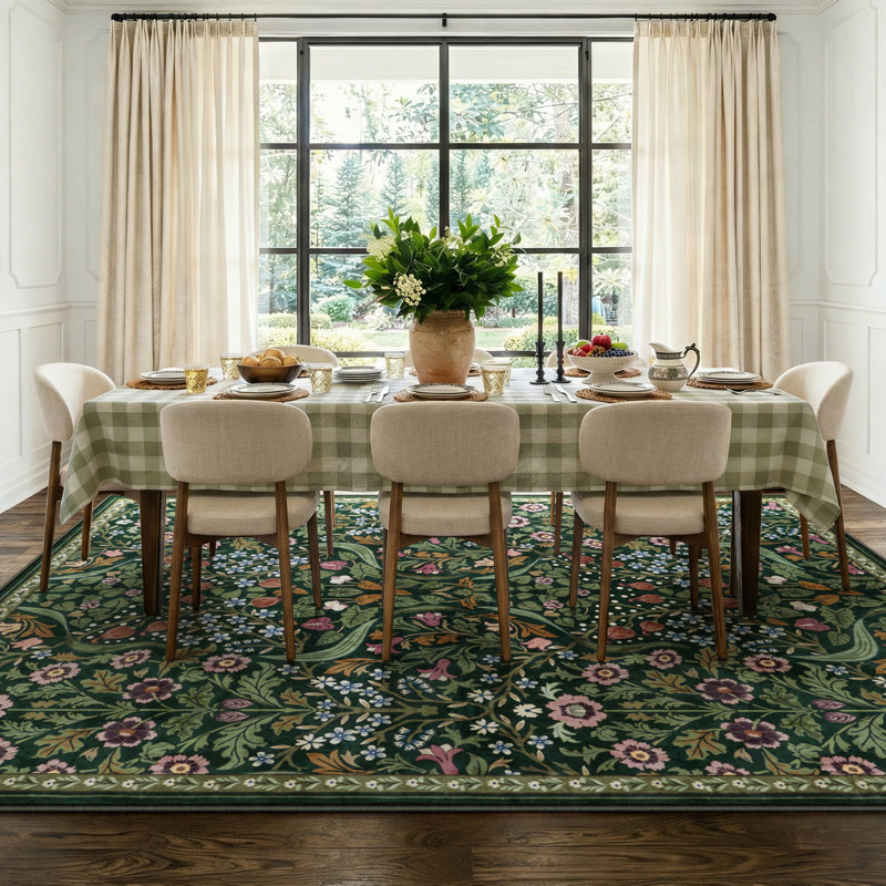 Tapis lavable à motif floral Kaldi, Rectangulaire 8 pi x 10 pi, Vert