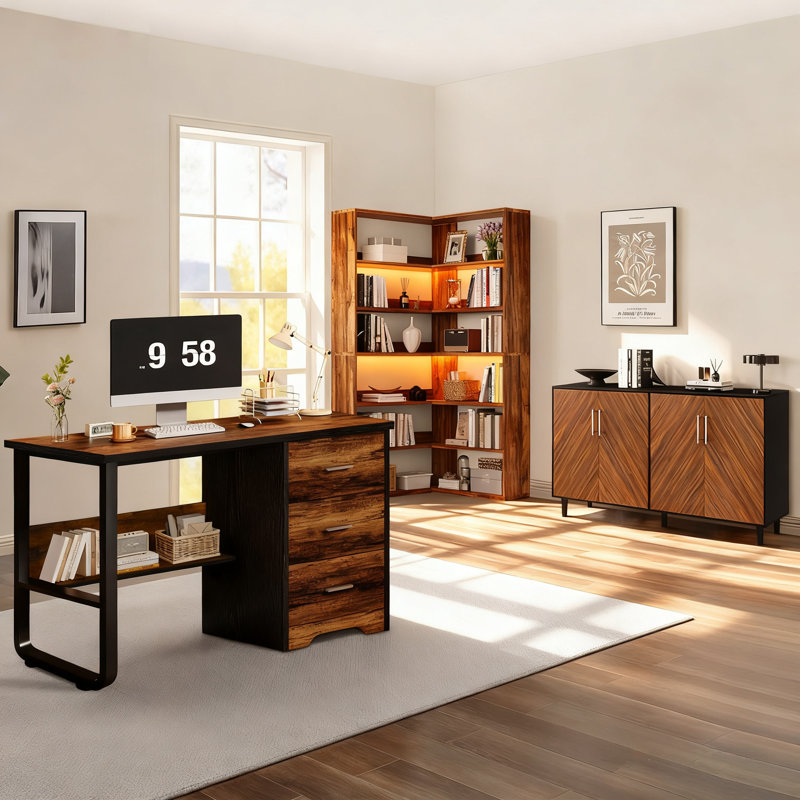 3 Piece Office Set,With 47" Office Computer Desk,Sideboard Cabinet,Corner Bookcase
