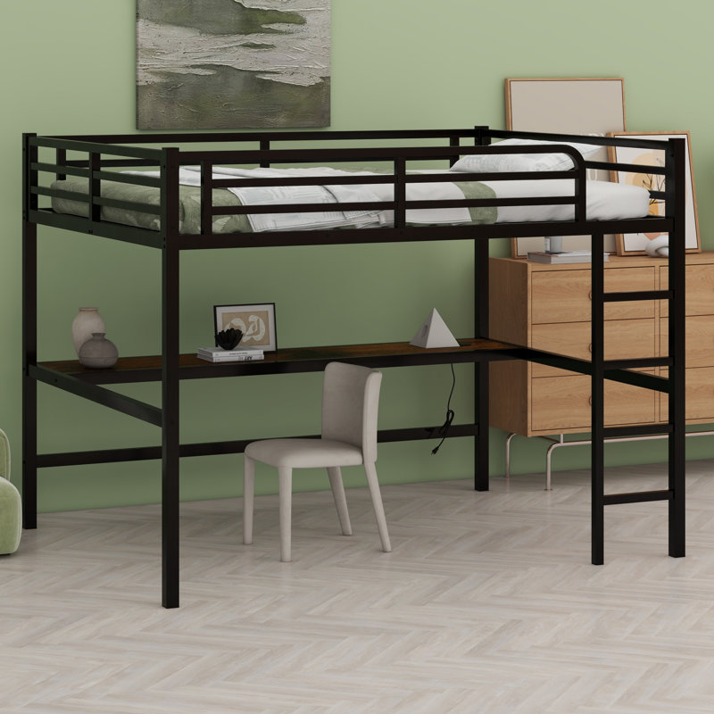 Metal Loft Bed With Power Outlet And LED Lighted, Space-Saving, Black