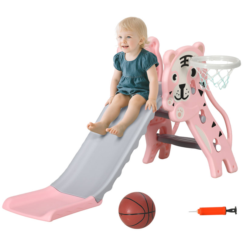 Glissoire 3 en 1 pour tout-petits à l'intérieur, jouet pour tout-petits, glissoire pour bébé facile à installer avec panier de basketball pour enfants de 18 à 36 mois, rose