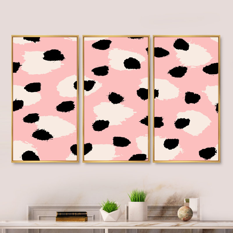 «Black and White Retro Dots on Pink», 3 pièces, cadre flottant, impression sur toile, Cadre doré, H 20 po x l 36 po