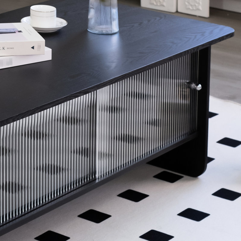 Table basse rectangulaire moderne minimaliste de 47 po avec porte coulissante en verre, idéale pour le salon, la chambre à coucher, le bureau, facile à assembler, noir