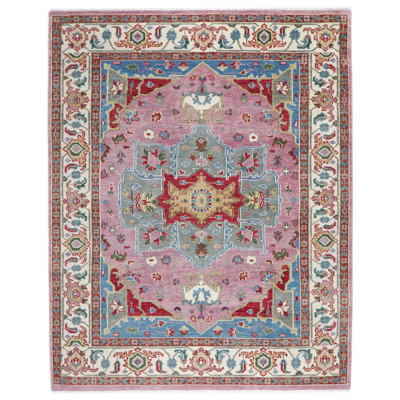 Tapis Oushak rose en laine noué à la main 8 pi 10 po x 11 pi 11 po