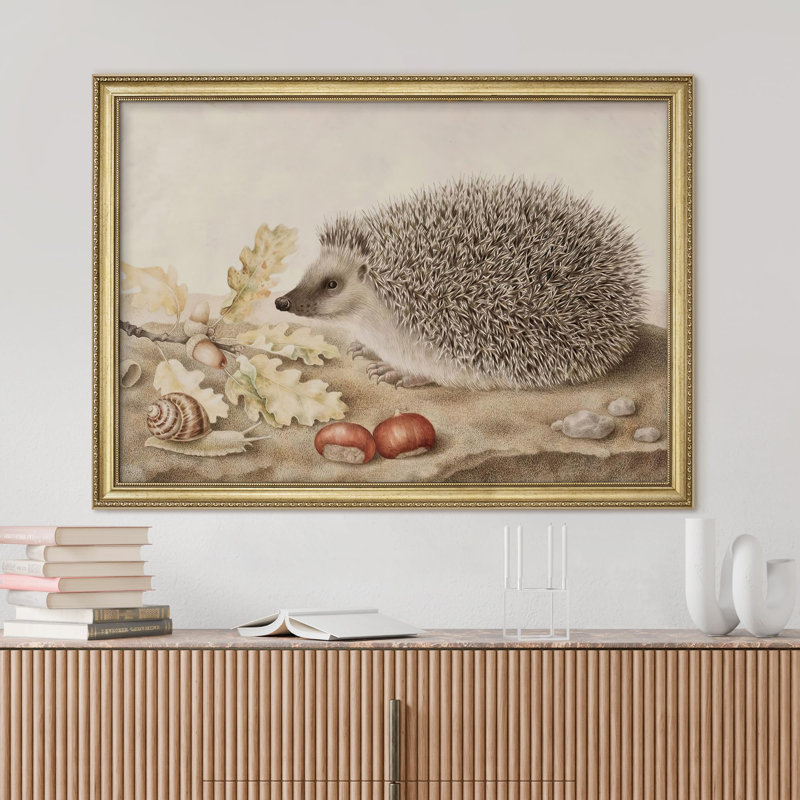 "Charmant hérisson avec des glands, impressionisme, décoration murale encadrée dorée", Non