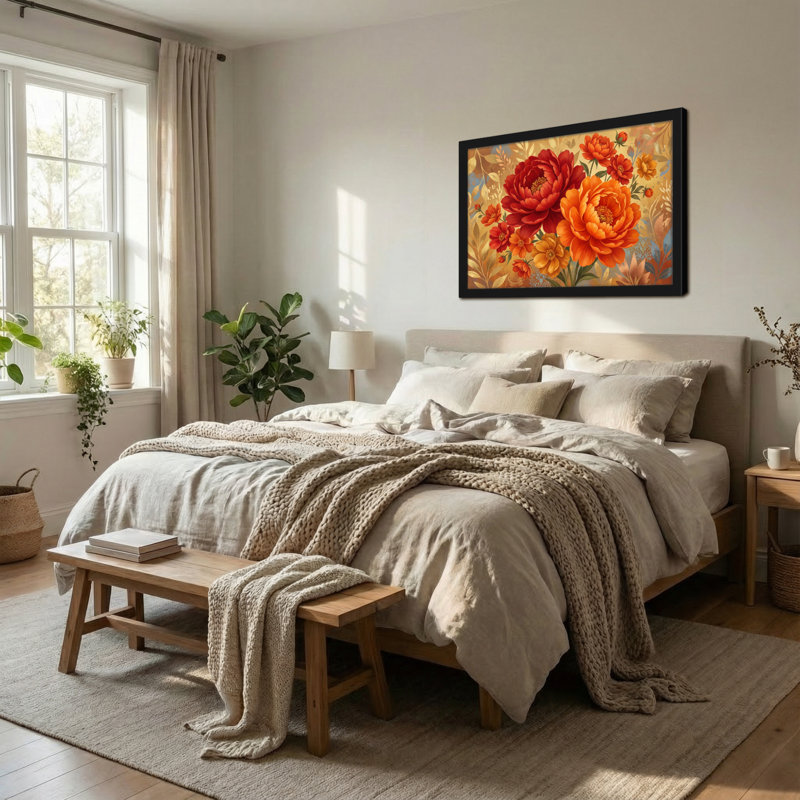 Plantes et fleurs Motif floral éclatant avec des couleurs riches et des feuilles élégantes, 24” H x 36” W