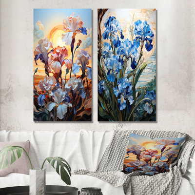 Iris sur fond de soleil au lever du soleil - Ensemble de 2 décorations murales Iris