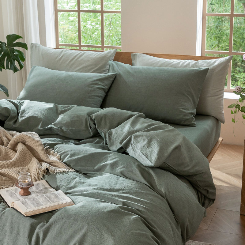 Taies d'oreiller 100% coton délavé MooMee,  Très grand (20 po x 36 po), Vert bruyère