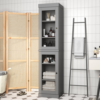 Armoire de salle de bain 100% bois massif 16,5 po avec portes en verre transparent et tablettes réglables