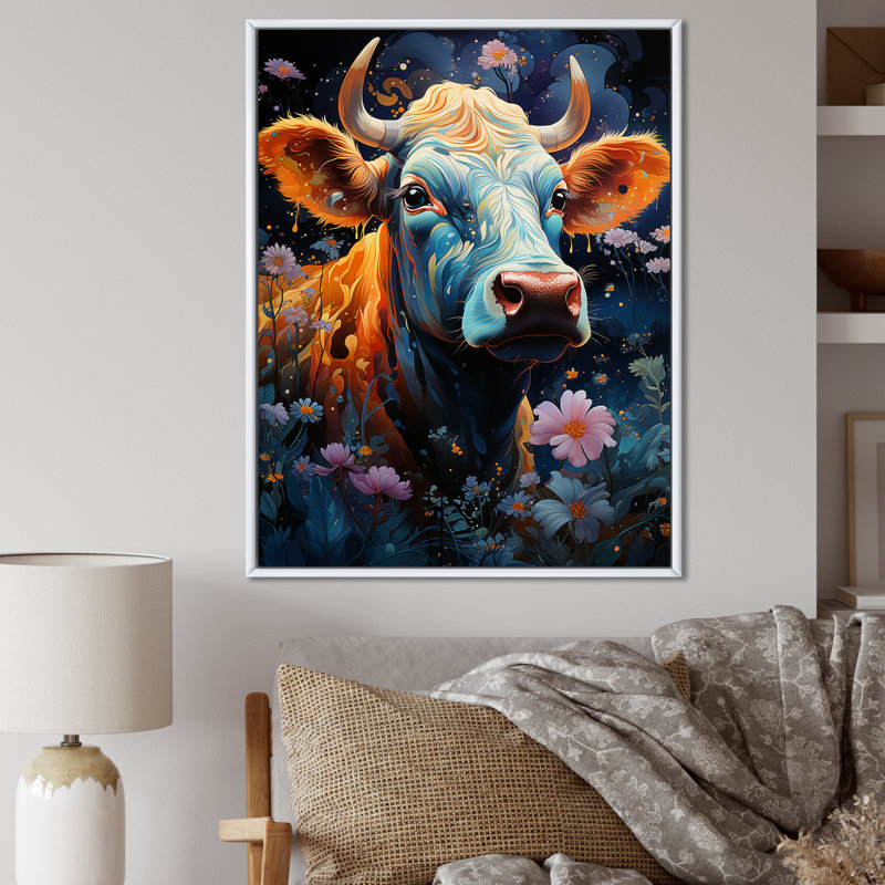 «Fantasy Cow In Enchanted Land», reproduction d'art sur toile, Cadre flottant blanc, H 32 po x l 16 po x P 1 po