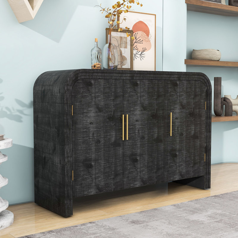 Hailyn Retro Minimalist Curved Sideboard with Gold Handles and 2 Cabinets, Antique Black