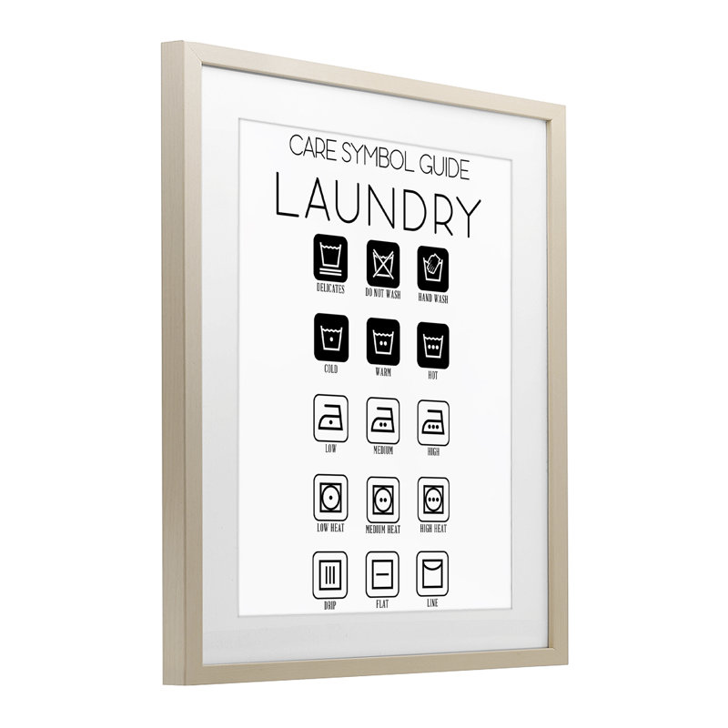 «Laundry Care Symbole Guide», impression encadrée sous verre, conception par SD Graphics Studio, Cadre de récolte en pin