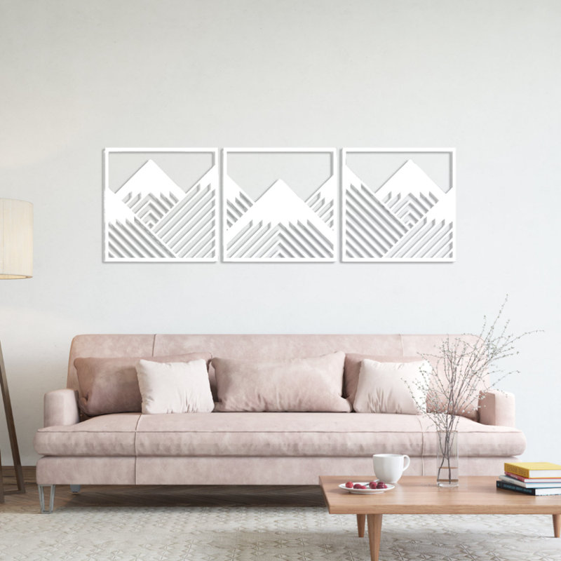 Ensemble de 3 décorations murales montagnes géométriques, H 18 po x l 55 po x P 0,12 po, Blanc