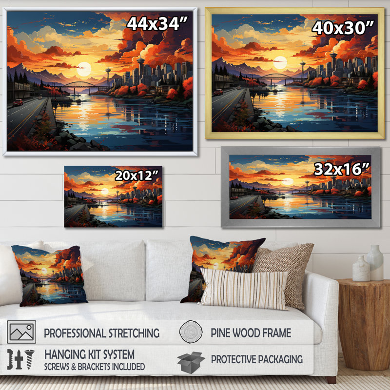 " City Vancouver Sunset Popart ", White Floater Framed, 12" H x 20" W x 1" D