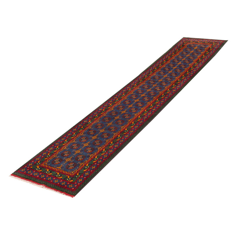 Tapis bleu foncé en laine noué à la main de conception unique 2 pi 8 po x 13 pi 0 po Kargahi