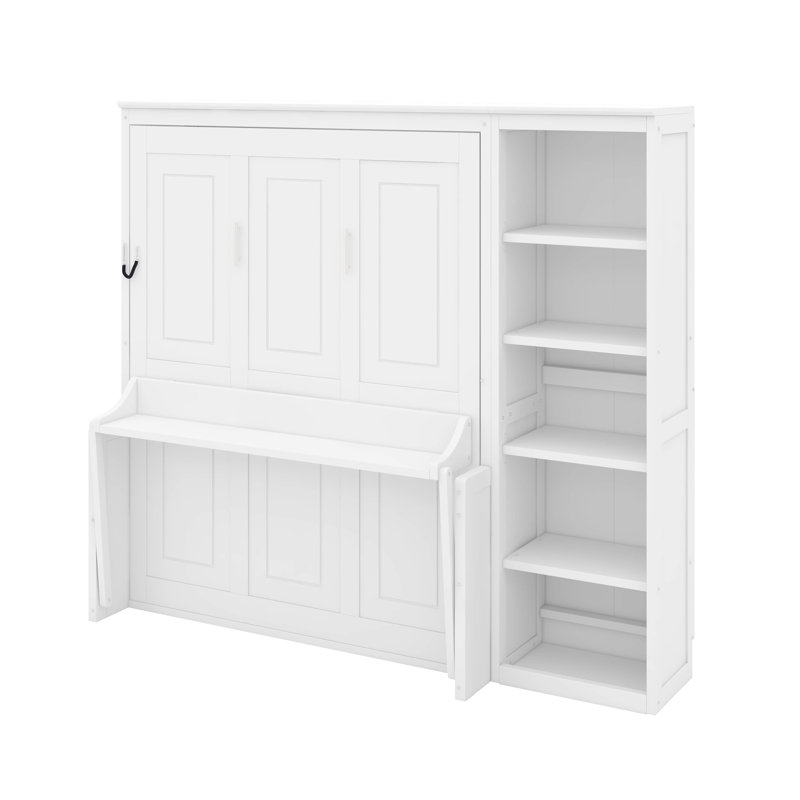 Lit escamotable double avec bureau et bibliothèque, Blanc, Double