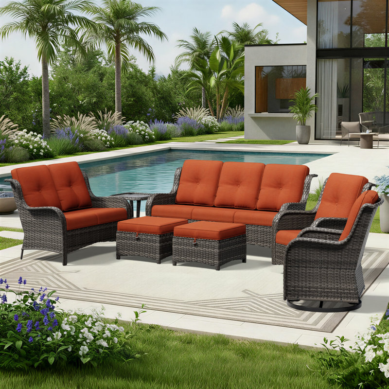 Ensemble de conversation de patio en osier 7 pièces avec fauteuil pivotant 360 ° et coussins capitonnés Holoman, Orange