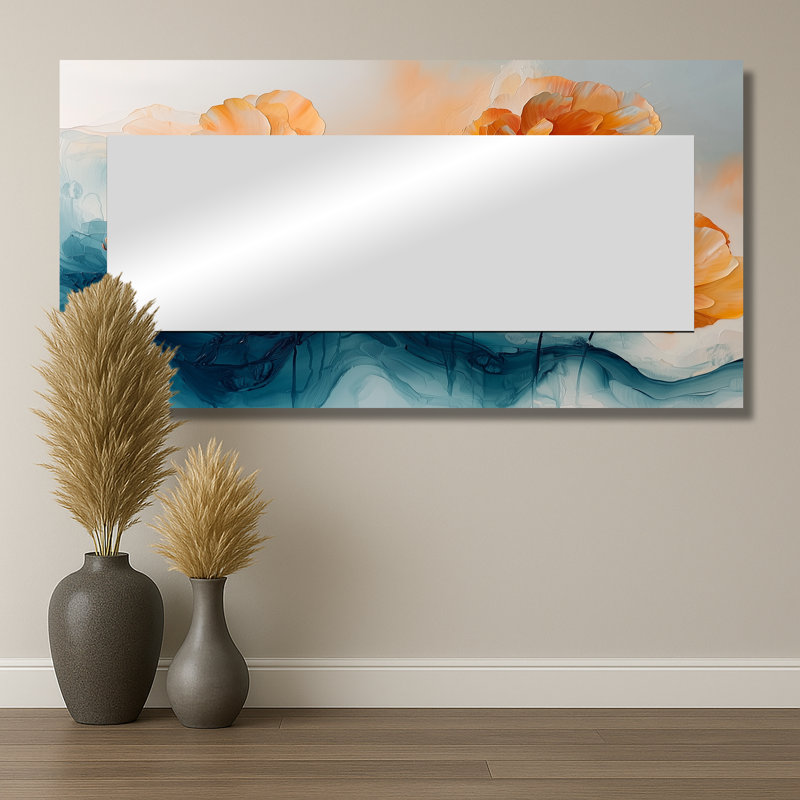 Turquoise aqua de fleurs de renoncule II - miroir mural décoratif floral - imprimé sur métal, 28 po x 55 po