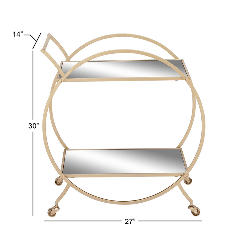 Metal Rolling Round 2 Mirrored Shelf Bar Cart with Top Handle, Light Gold