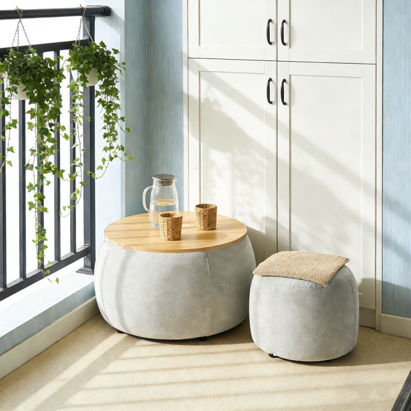 Modern Fabric Storage Stool Set, Includes Round Stool + Storage Stool, Gray
