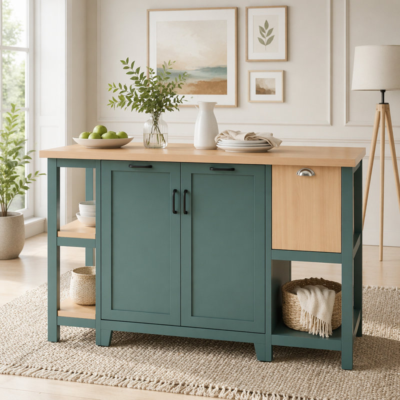 Îlot de cuisine autoportant de 58 po avec rangement, tiroirs et tablettes, Green,Natural