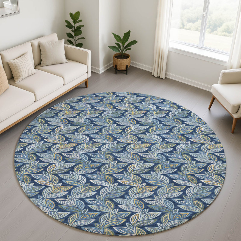 Tapis botanique Premium lavable à la machine Villers, Marine, 8' Round