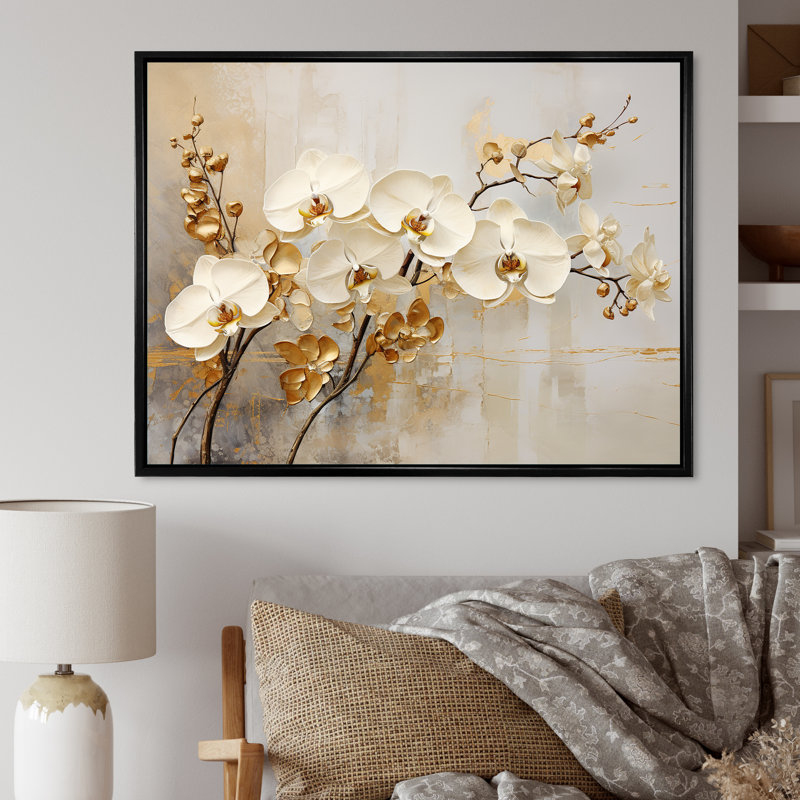 Minimalisme beige et orchidées dorées - impressions sur toile orchidées, H 16 po x l 32 po, Reproduction avec cadre flottant