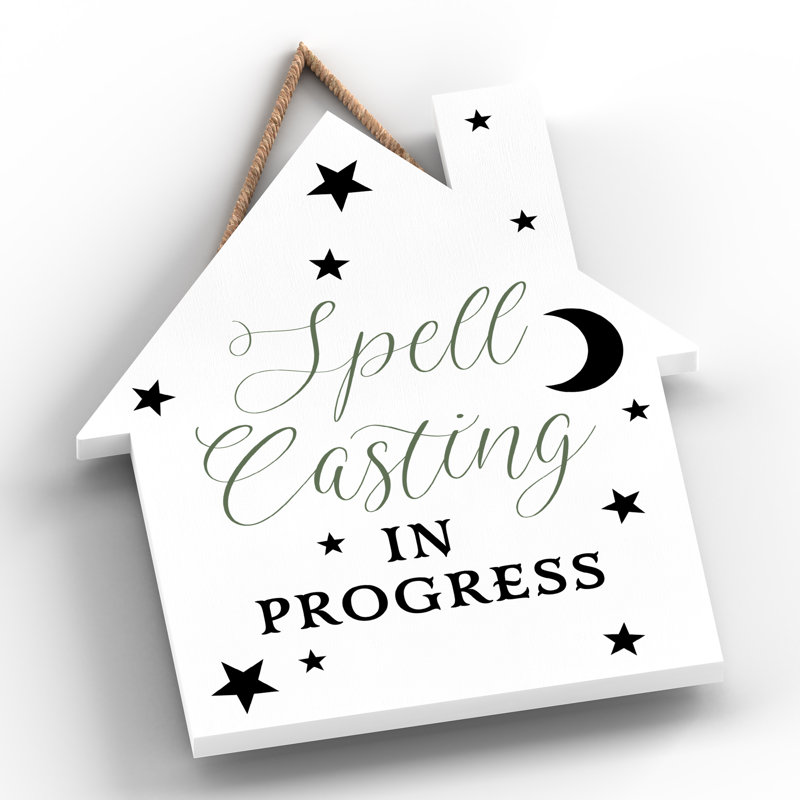 Witch Spell Casting Wooden House Plaque, White