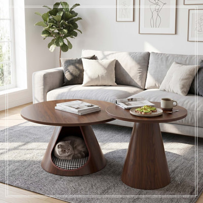 Nesting Coffee Table Set of 2, Round Side Tables with Integrated Cat Cave Bed, Modern End Table with Melamine Wood Grain Top & Carbon Steel Base for L