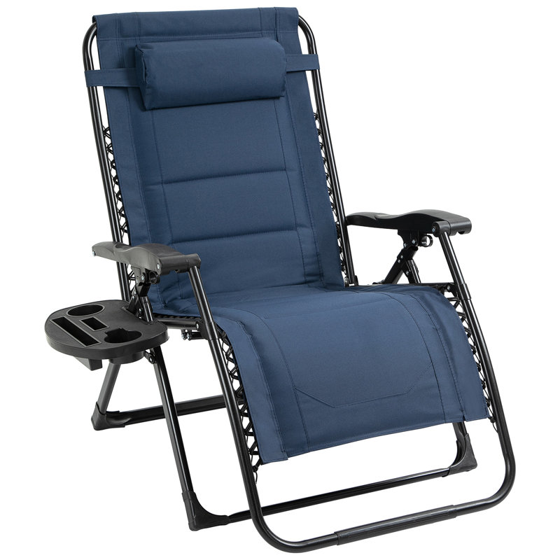 Chaise longue Dewon, chaise de patio inclinable pliante avec porte-gobelet, appui-tête, bleu
