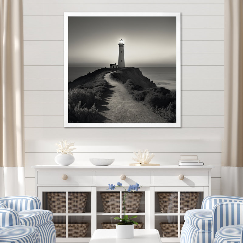 «Black and White Light House Panorama I», reproduction sur toile, Cadre simple blanc, H 24 po x l 24 po x P 1 po