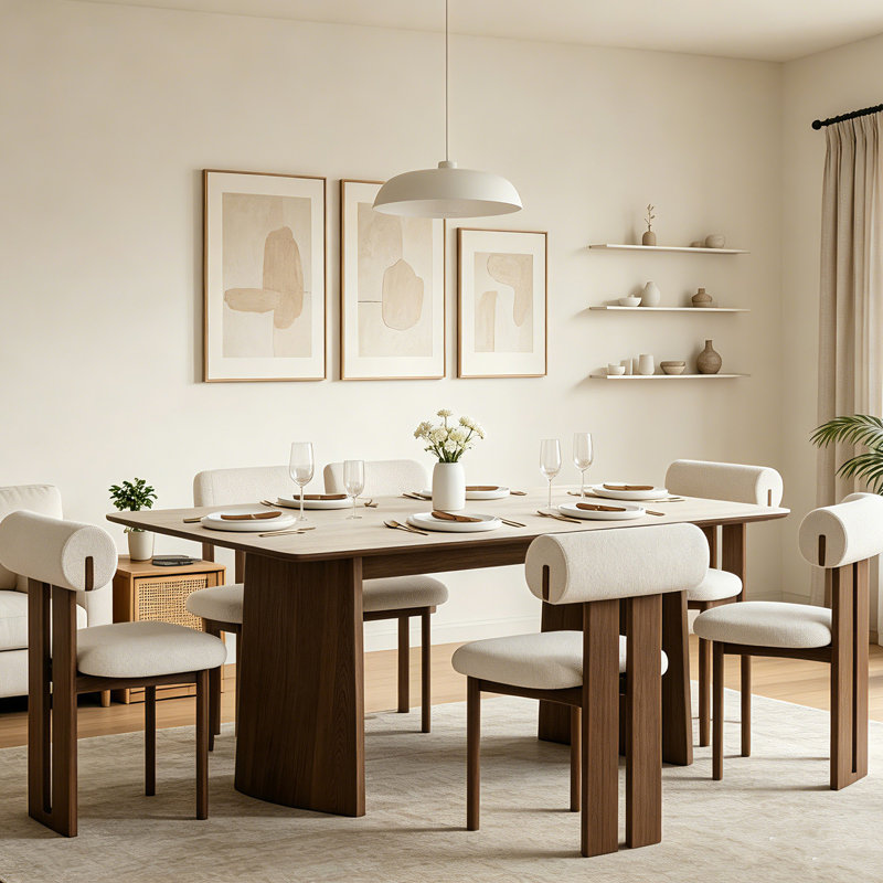 70.8 Inch Rectangular Dining Table Set with 6 Upholstered Chairs, Modern Stone Top Dining Table, Natural Walnut Tone Legs Dining Room Furniture for Kitchen Dining Area