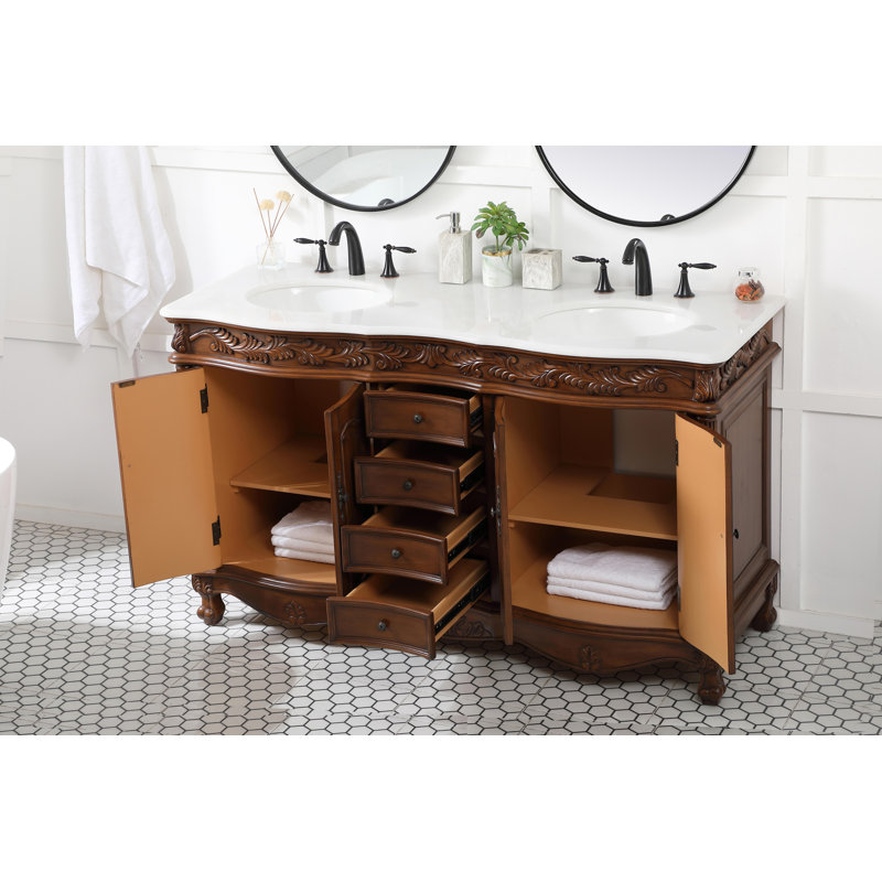 Mannie 60'' Double Bathroom Vanity with Engineered Marble Top, Teak, Ivory White