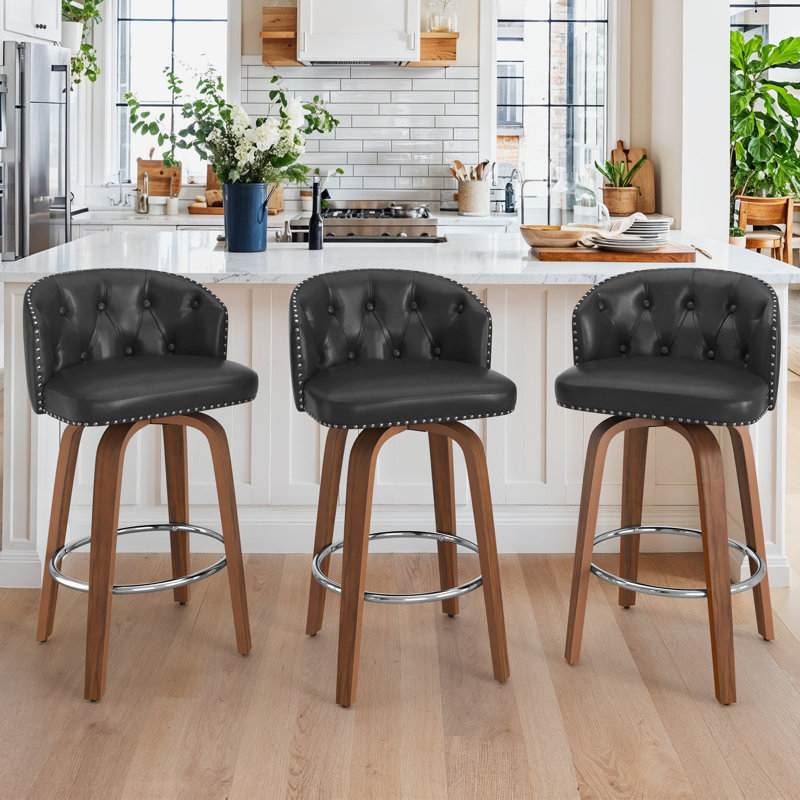 Caelus Swivel Upholstered Counter & Bar Stool With Wood Frame (Set Of 3), Black, 3