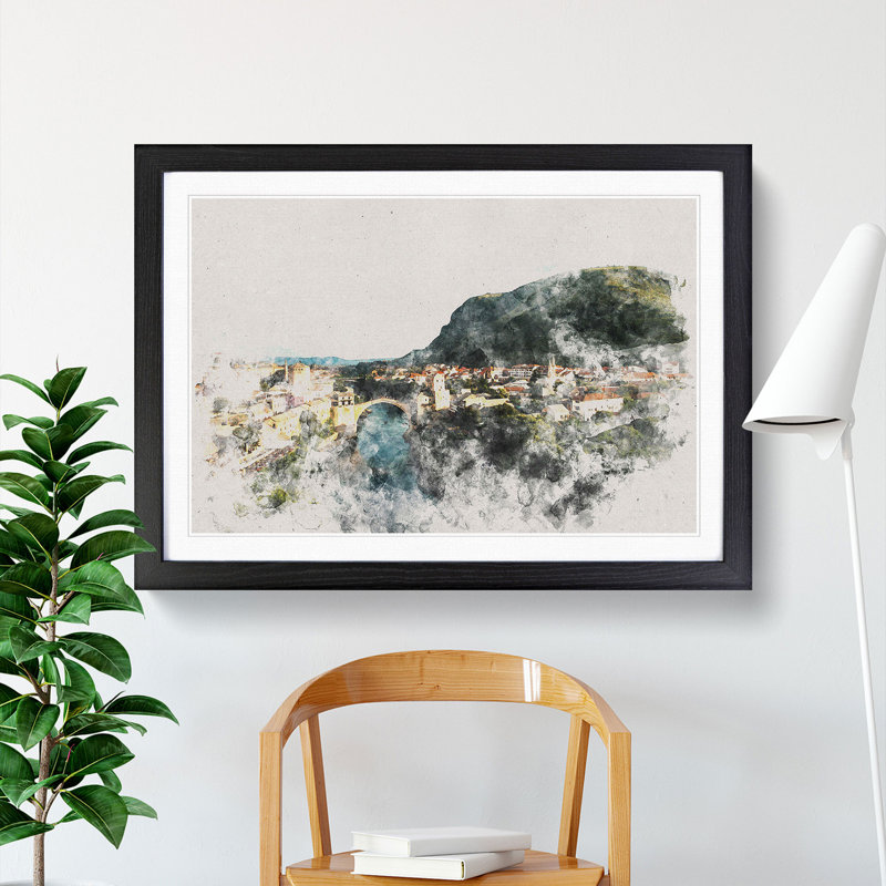 Skyline Of Mostar - Single Picture Frame Print on Wood, Black Framed, 27cm H x 36cm W x 2cm D