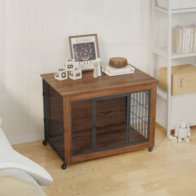 Meuble de caisse robuste en bois avec roulettes, cage en métal à deux portes pour petits chiens, idéal pour l'intérieur et pour soulager l'anxiété