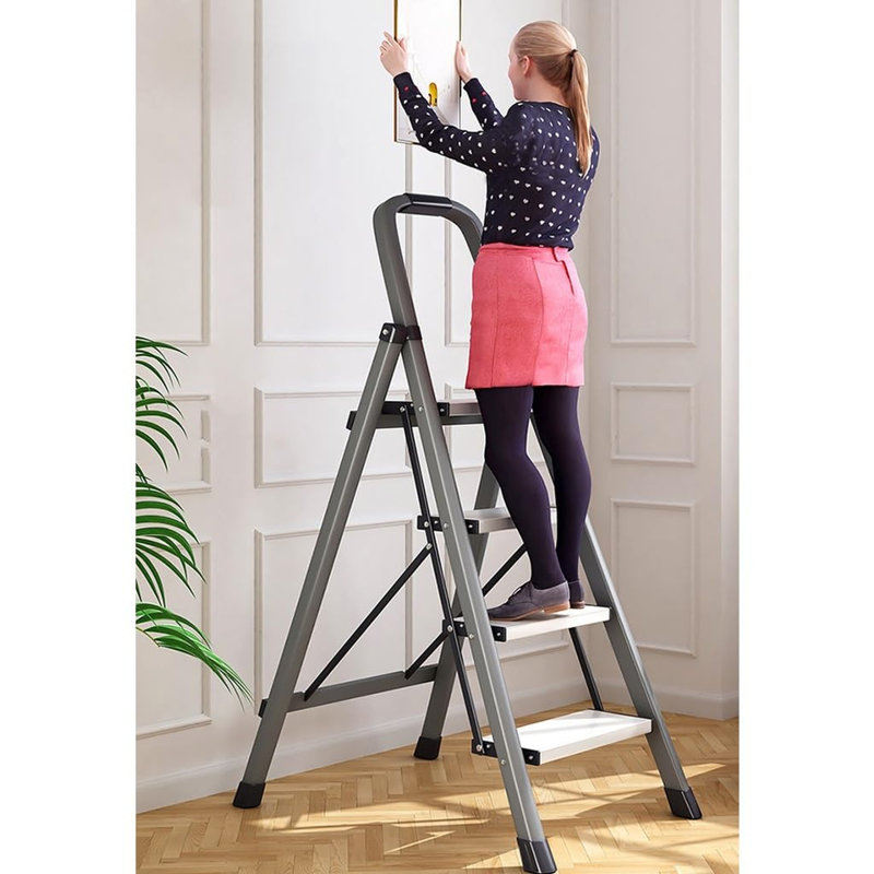 Escabeau pliant à 6 marches avec main courante, larges pédales antidérapantes, conception pliable peu encombrante, structure triangulaire stable, échelle en acier au carbone pour la cuisine, le placard, le bureau, modèle gris Th6step
