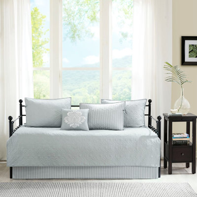 Housse de lit de jour 6 pièces en gris - conception réversible pour matelas simple, comprend 1 chute de 17 po, 15 taies décoratives 3 po et un coussin décoratif