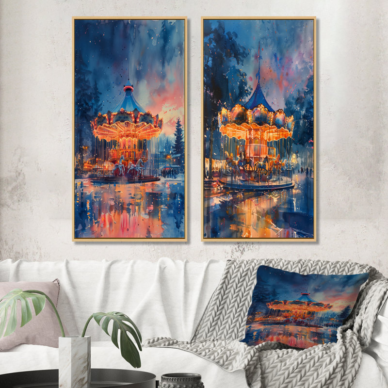 Carrousel de contes de fées orange et bleu, ensemble d'art mural 2 pièces, H 28 po x l 24 po, Cadre flottant en érable