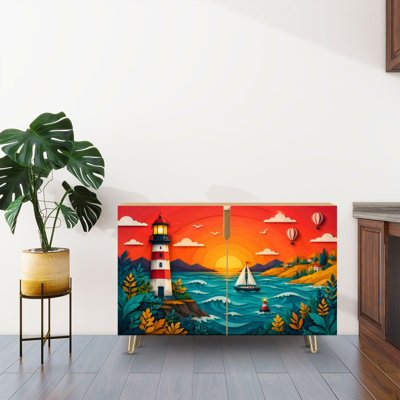 Buffet Buffet avec rangement Phare côtier Coucher de soleil Paysage marin Voilier Ocean Waves Hot Air avec 2 portes pour le salon et la cuisine