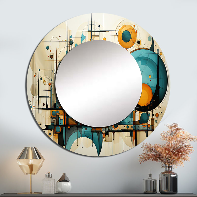 Quetcy Teal Yellow Abstract Fractal Collage Melodies I - Fractals Unique Wall Mirror, Teal Round Mirror, Printed Metal Art