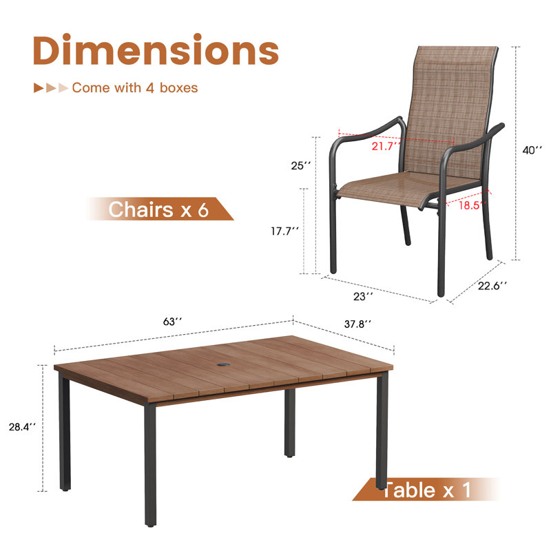 63" Outdoor Dining Set with Rectangular Metal Dining Table and PVC-coated polyester Armrest Chairs, Brown