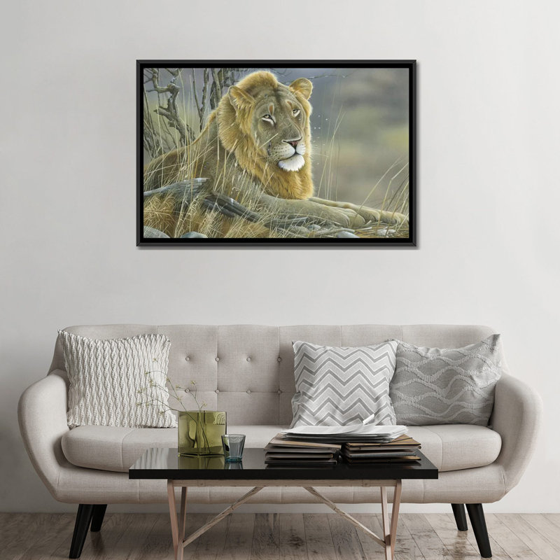 « lion », impression sur toile, H 18 po x l 26 po x P 1,5 po, Toile avec cadre noir, Pas de tapis