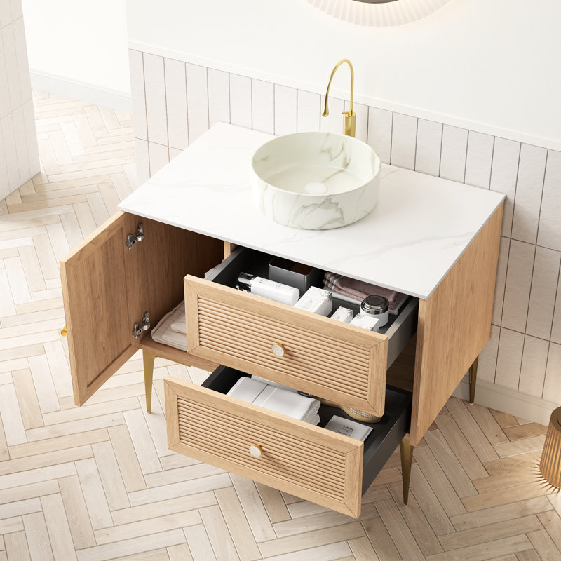 Meuble-lavabo de salle de bain 91 cm (36 po) avec une superbe finition chêne rayé, lavabo en céramique brillante de 36 cm (14 po) et comptoir à motif pierre, 2 tiroirs, 1 porte