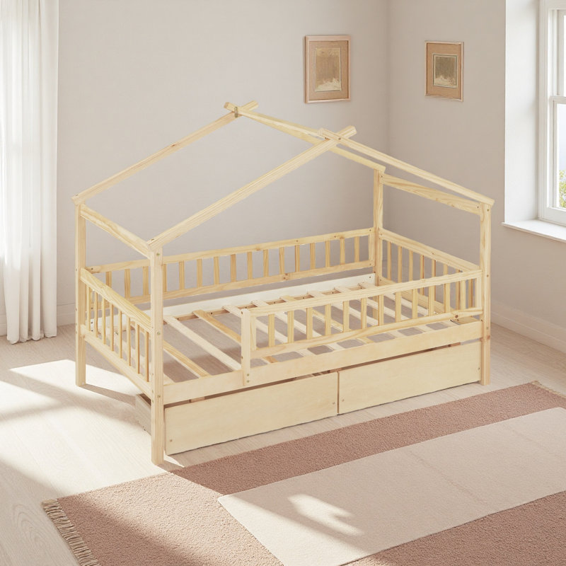 Lit simple en bois avec deux tiroirs, Naturel