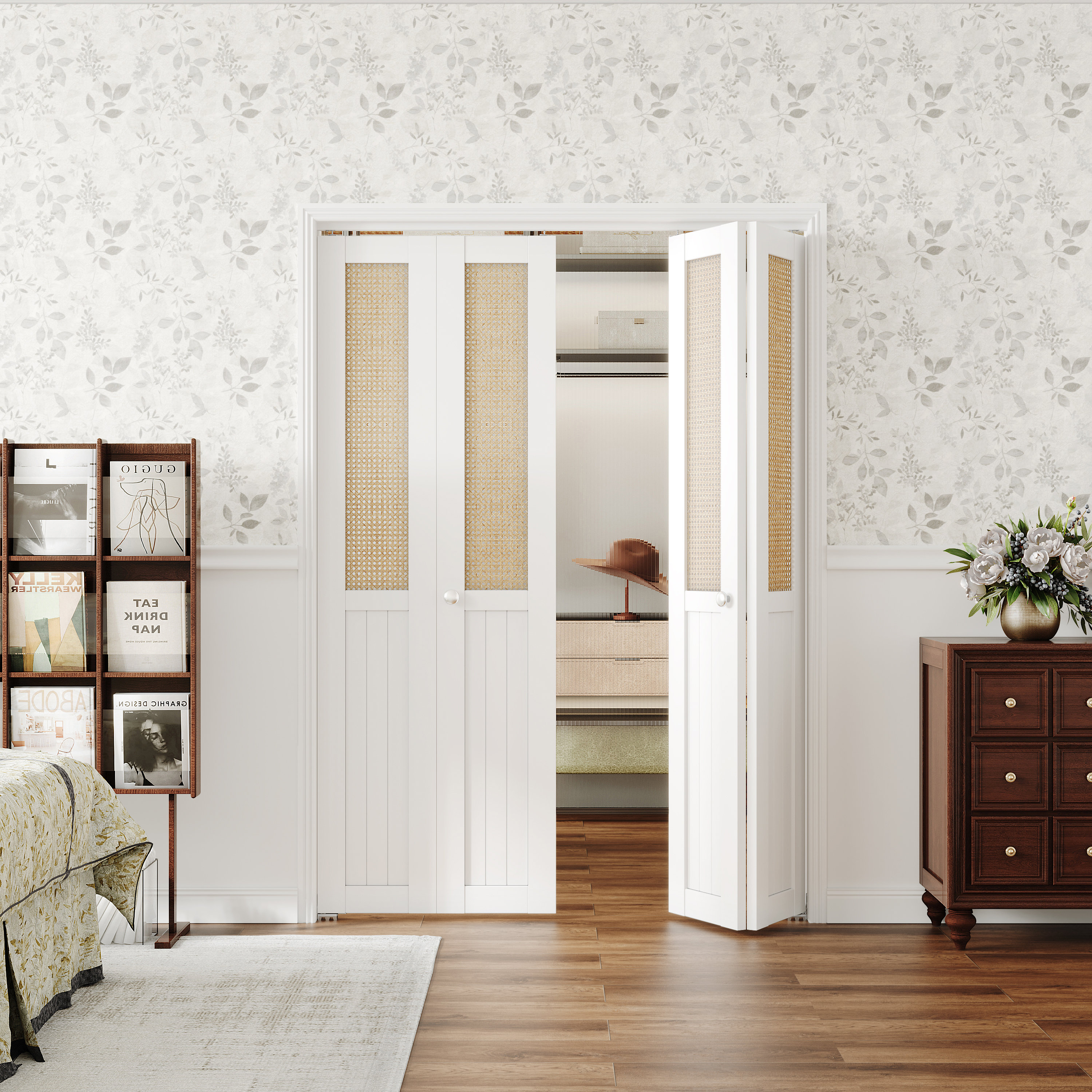 CHIC MODE Double Rattan Folding Doors With Hardware Unfinished Bi Fold