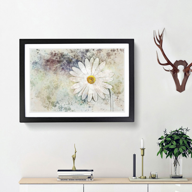 Beautiful White Daisy in Abstract - Picture Frame Painting Print on MDF, Black Framed, 36cm H x 48cm W x 2cm D