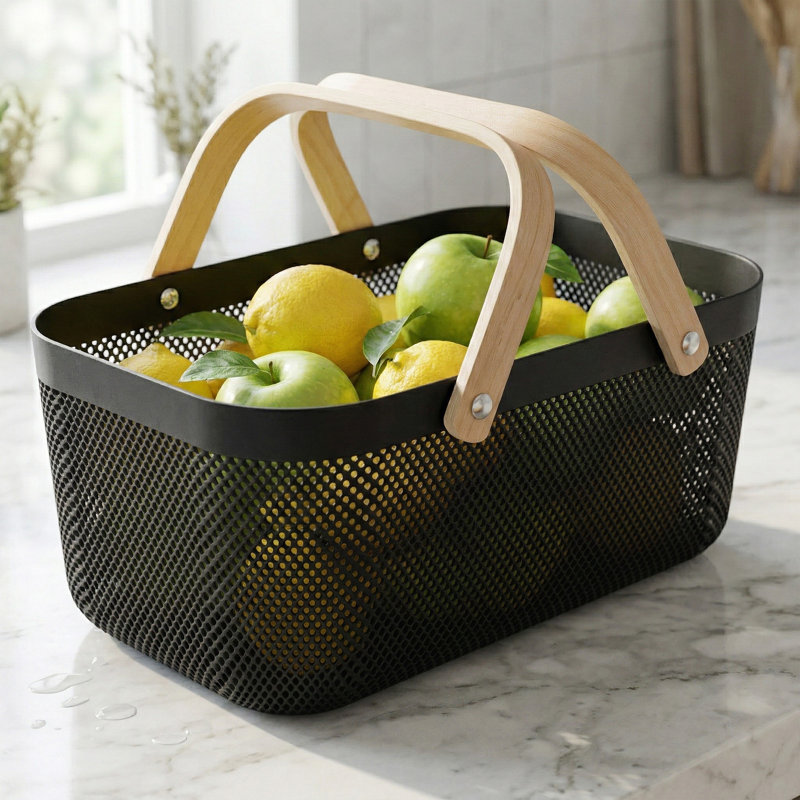  Grand panier de rangement en plastique avec poignée en bois de couleur noire, Black