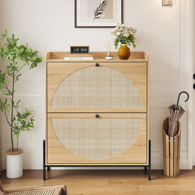 2-Drawer Shoe Cabinet With Rattan Doors, Narrow Freestanding Storage Organizer