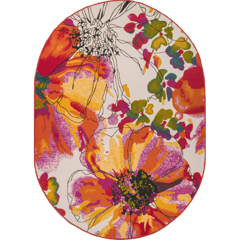 Florentia Floral Tufted Orange/Pink/Ivory Non-Slip Rubberback Area Rug, Oval 5' x 7'