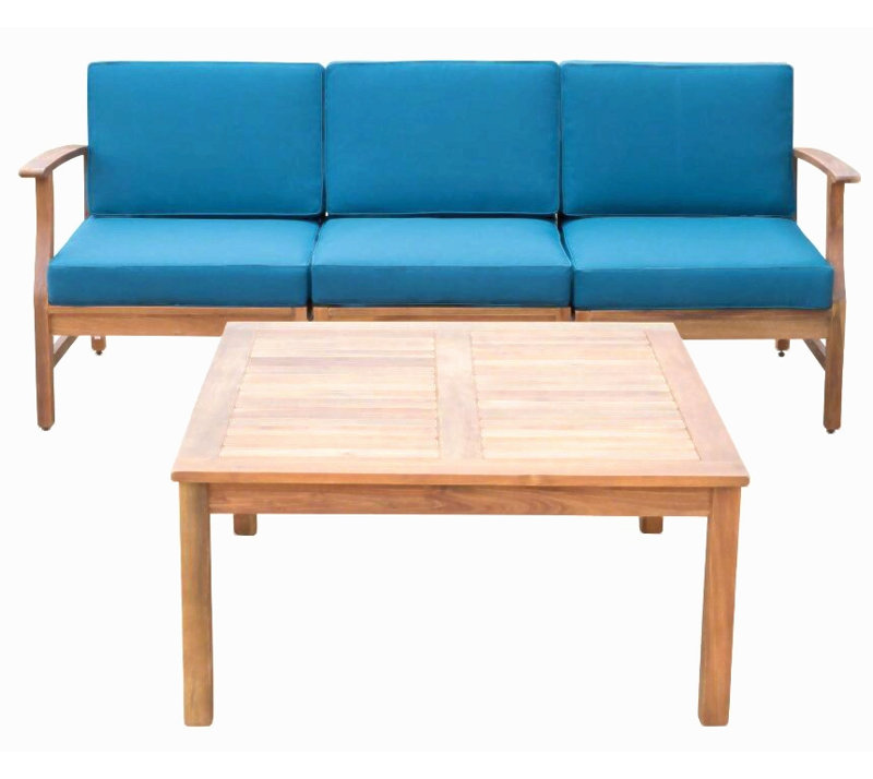 Ensemble de canapé et de table 3 places Perla, Coussin bleu / cadre naturel